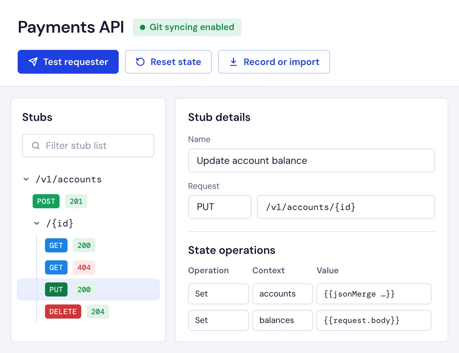 A stateful mock API in WireMock Cloud with Git syncing enabled: its stub tree and the state operations of one stub