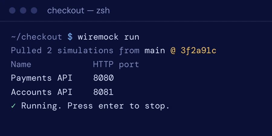 A terminal running the same simulations locally with wiremock run