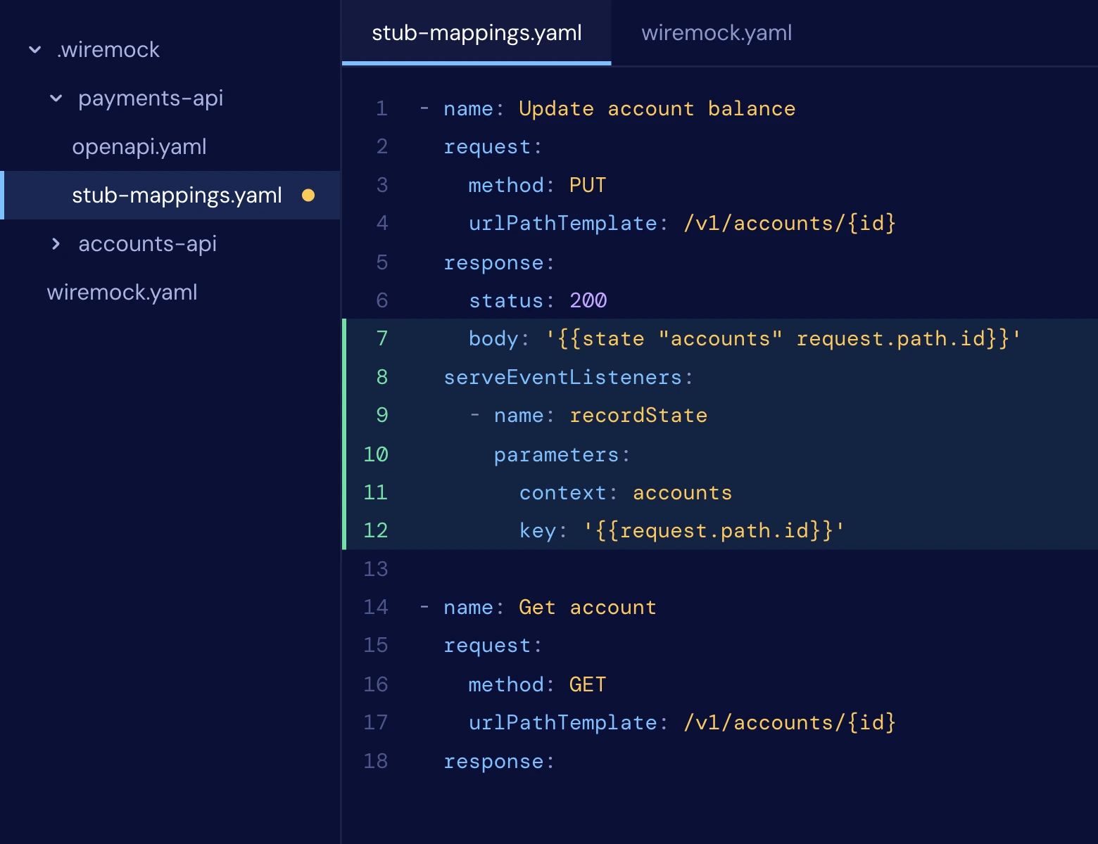 Stub mappings as YAML in a code editor, with the stateful lines just added