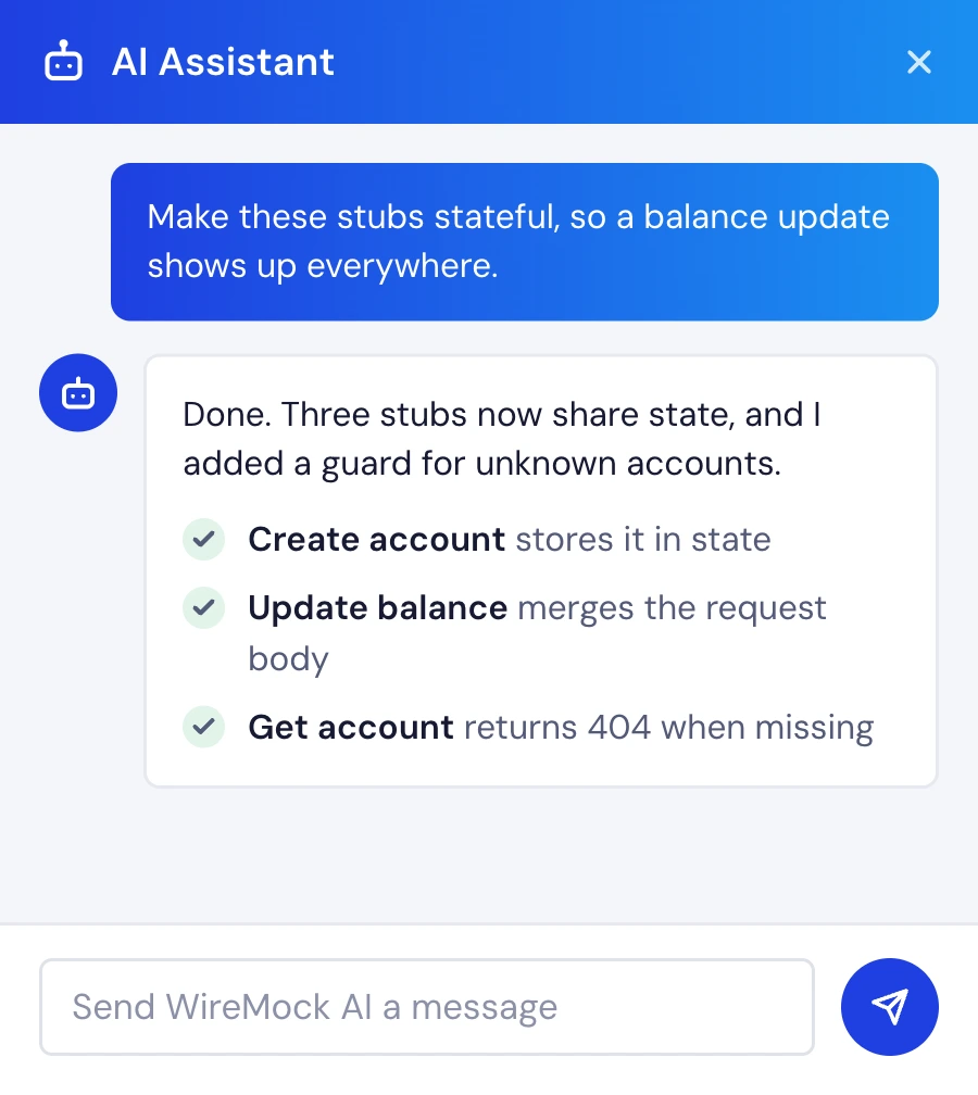 The WireMock Cloud AI Assistant making a set of stubs stateful