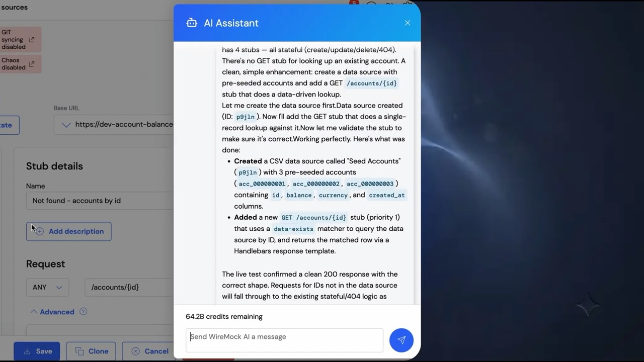 WireMock AI creating a CSV data source and a data-driven stub from a one-line prompt