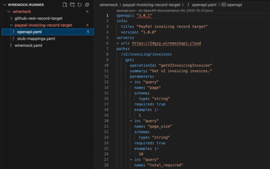 WireMock Runner project with an OpenAPI spec and stub mappings open in an editor