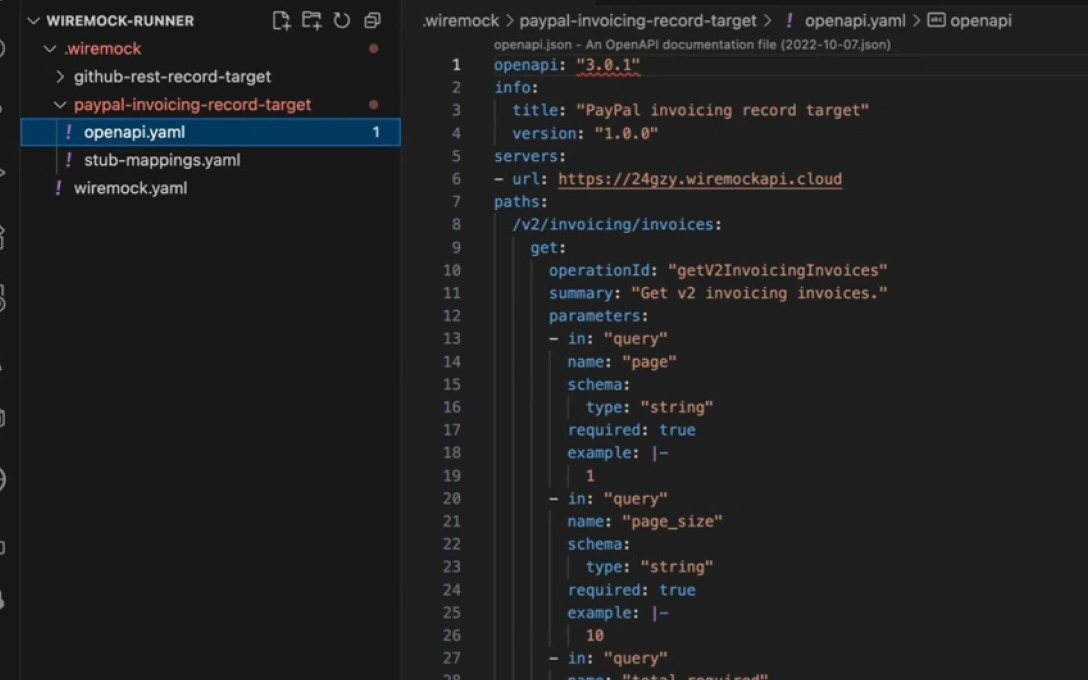 An editor showing a .wiremock directory of versioned simulation files, with an openapi.yaml OpenAPI spec open.