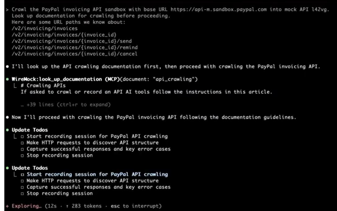 A coding agent crawling the PayPal invoicing API sandbox into a WireMock mock API — looking up the crawling docs over MCP, then starting a recording session.