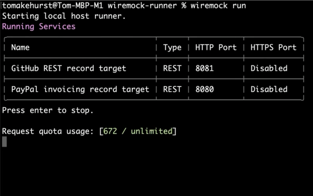 A terminal running wiremock run, listing local simulated services and their HTTP ports.