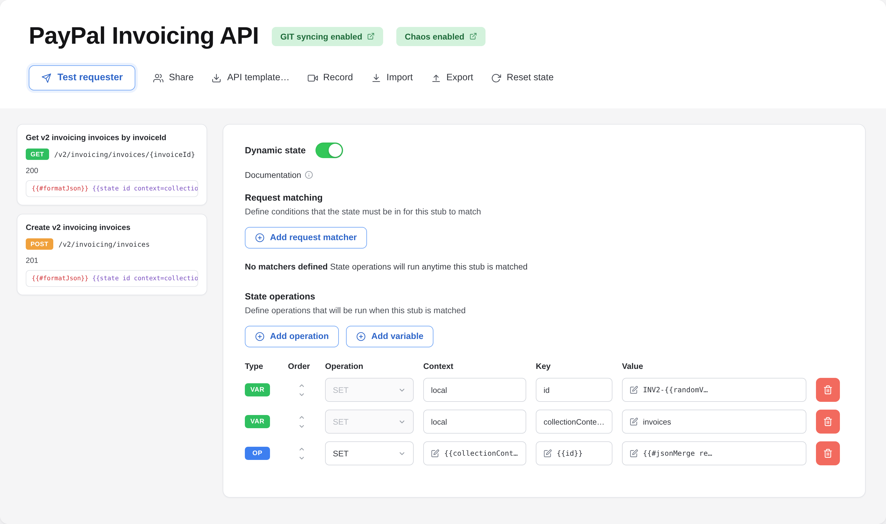 WireMock Cloud stub editor for a PayPal Invoicing API simulation, with dynamic state operations, Git syncing, and chaos enabled