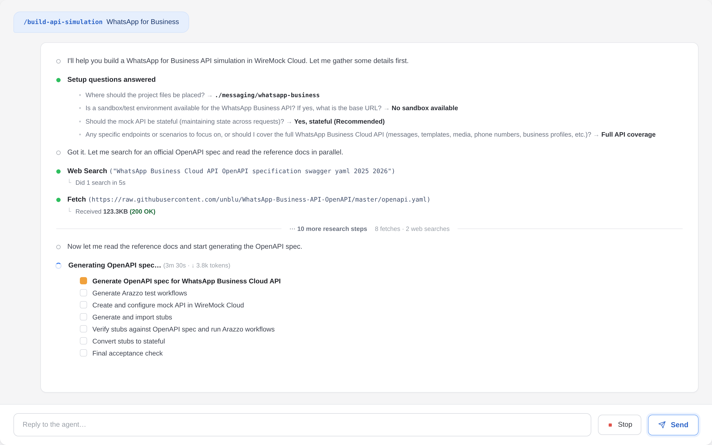 An AI agent building a full WhatsApp for Business API simulation in WireMock Cloud from a single slash command