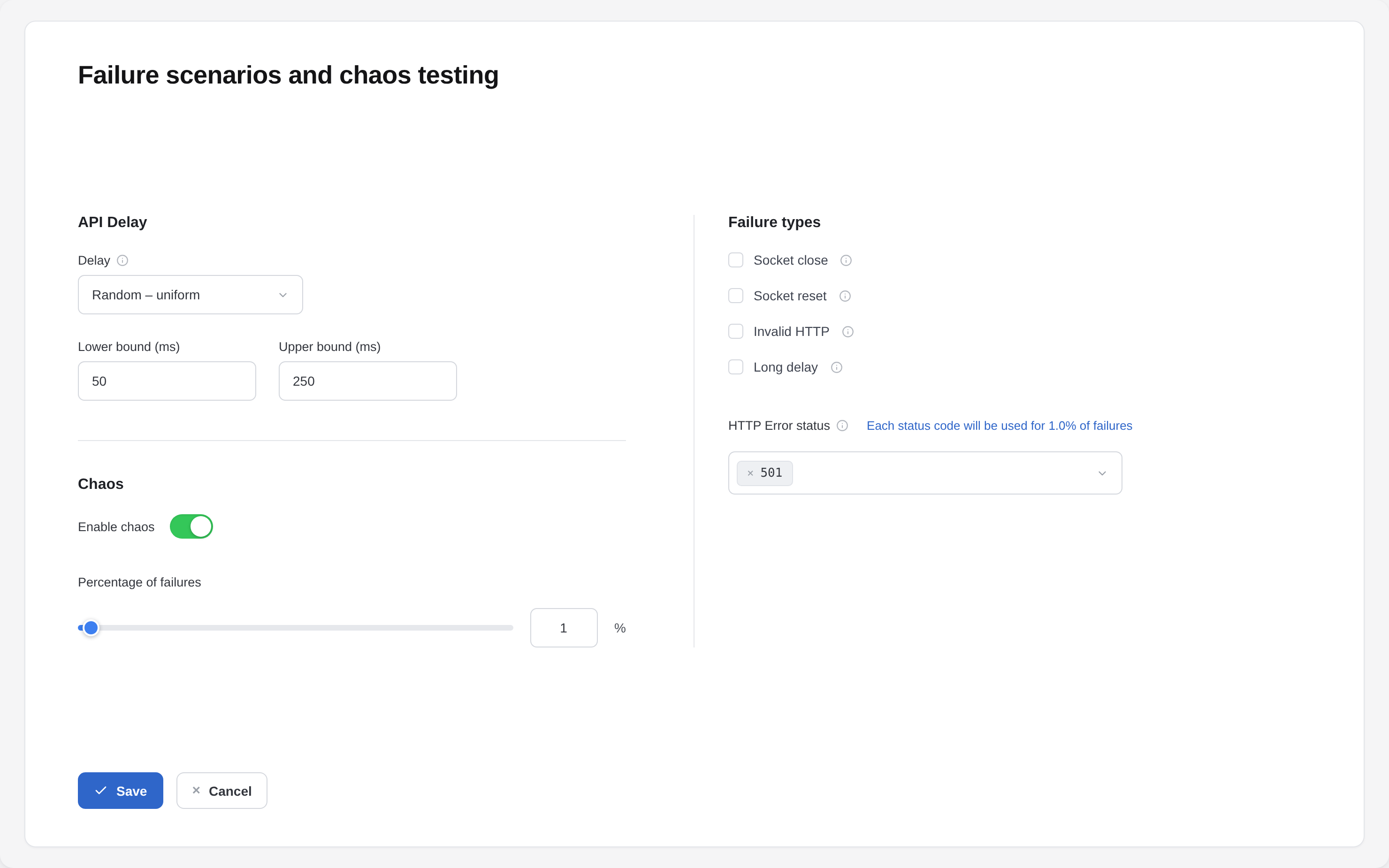 WireMock Cloud failure scenarios and chaos testing settings — random API delay, failure types, and percentage of failures