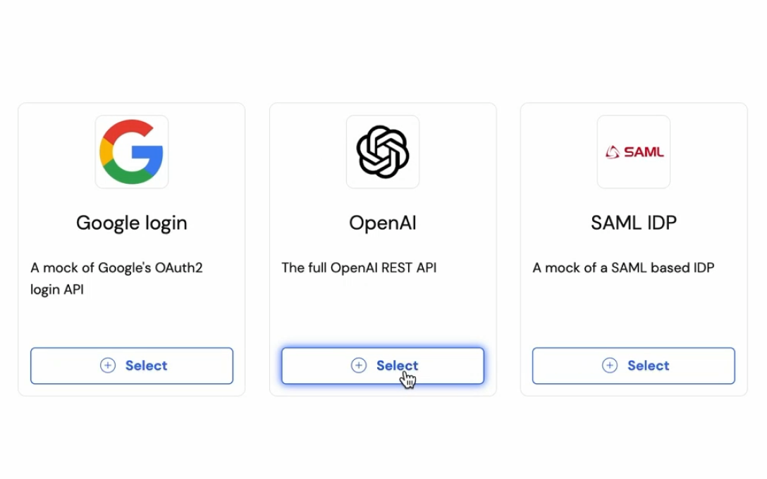 Choosing from the WireMock Cloud template library — Google login, OpenAI, and SAML IDP cards