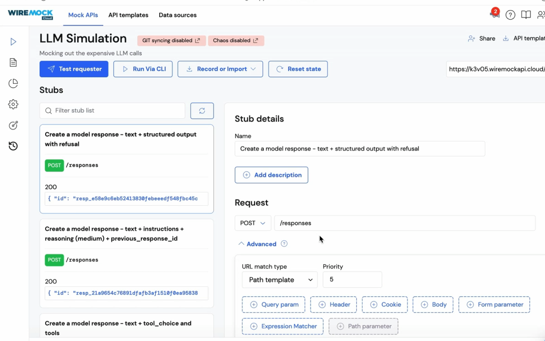 The WireMock Cloud editor showing a live LLM Simulation with stubs and request matching