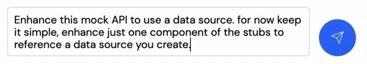 A natural-language prompt asking WireMock to enhance a mock API with a data source