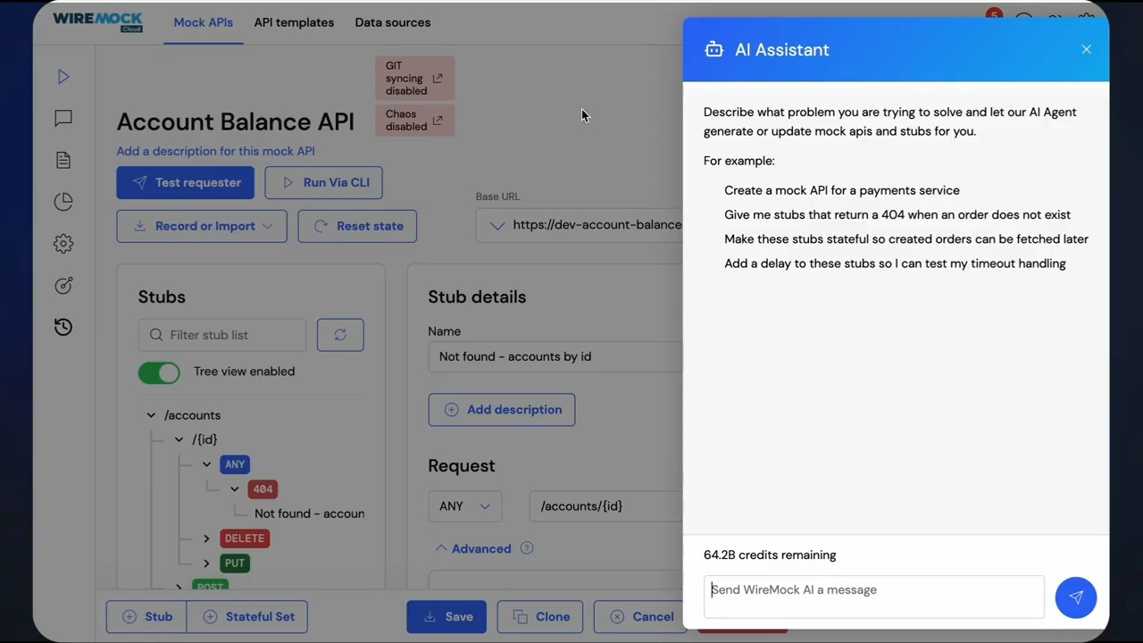 WireMock Cloud with the AI Assistant panel open over a mock API